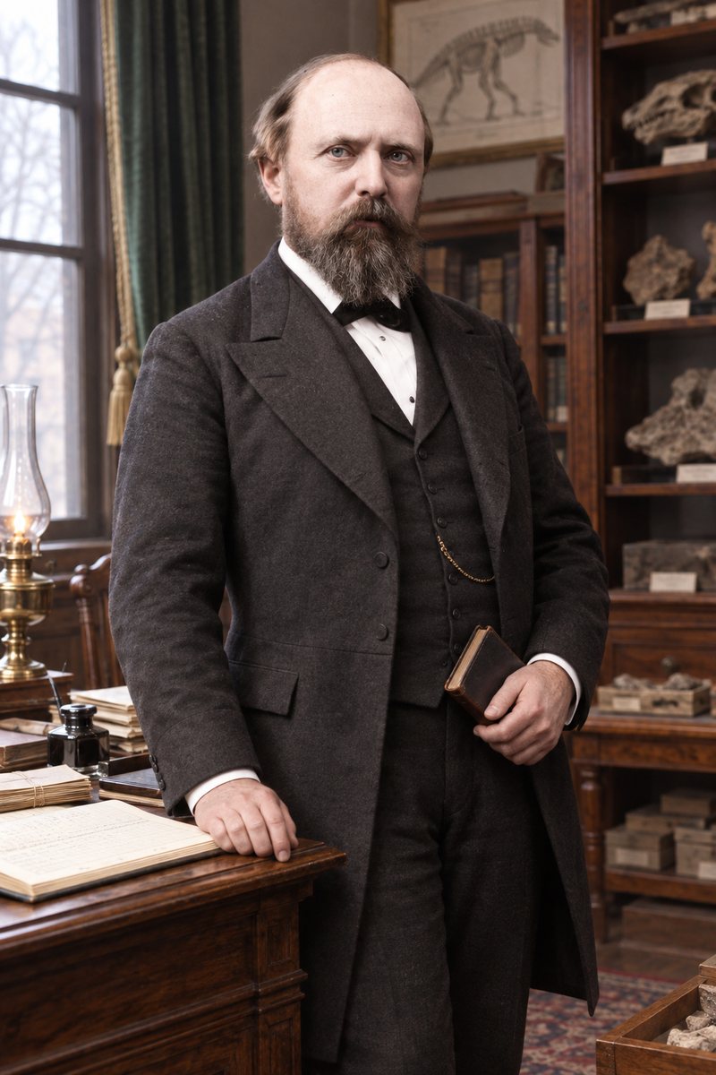 Reconstruction of Othniel Charles Marsh in his forties, full-bearded, in his museum study