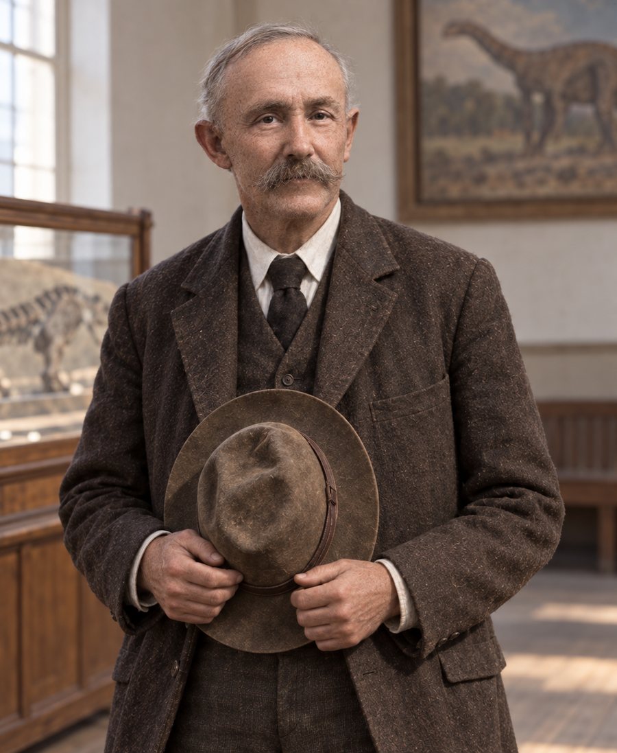 Reconstruction of the elderly Charles H. Sternberg, mustached, in a museum hall